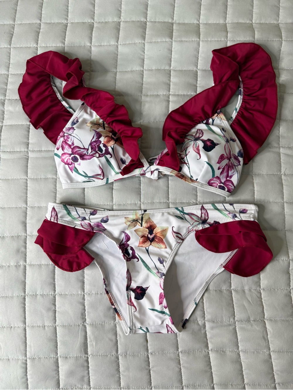 Floral Ruffle Two-Piece Bikini with Burgundy Accents